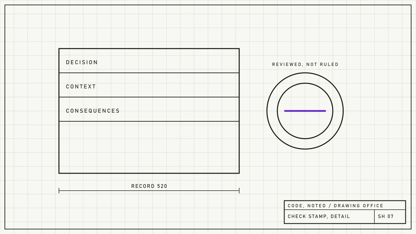 Engineering sheet of a drawing being checked against a stamp block with review dates