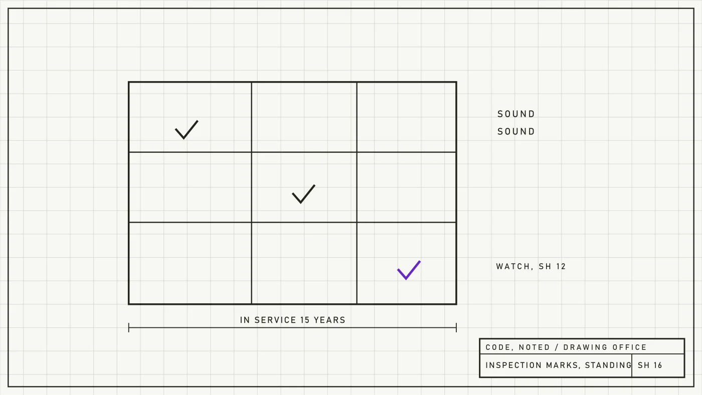 Engineering sheet of an inspector's marks on a standing structure, sound members ticked