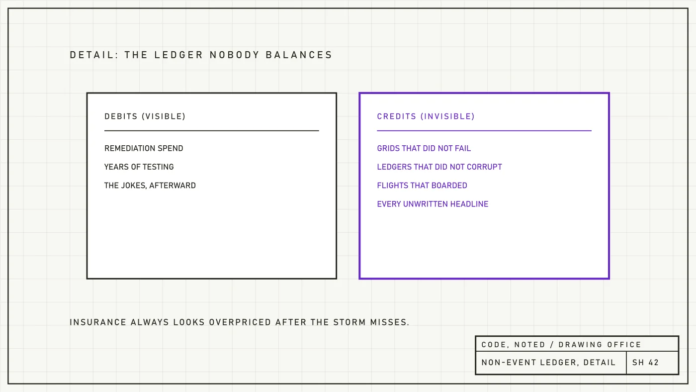 Engineering drawing detail of prevention spending booked against disasters that never occurred
