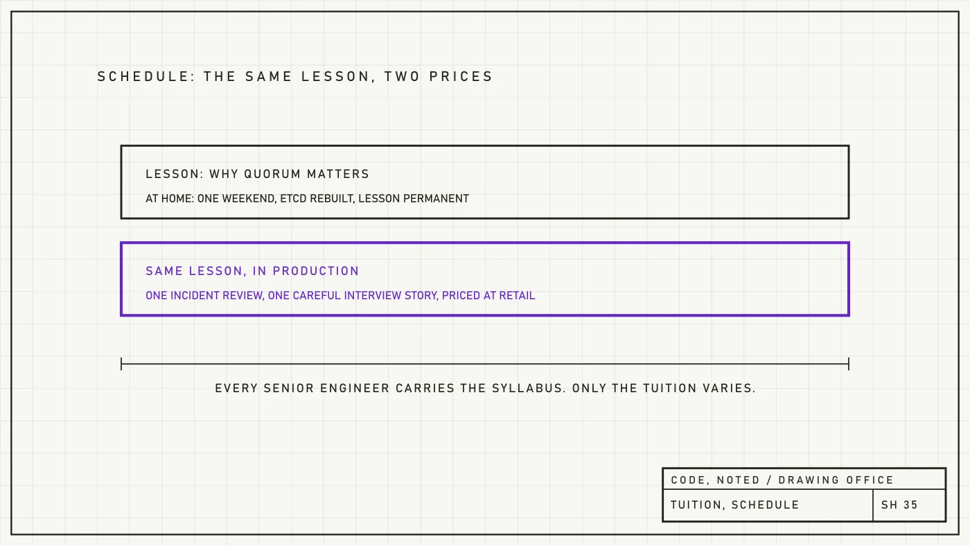 Engineering drawing detail comparing the price of the same lesson at home and in production
